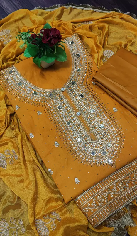 Mahek Sehnaz Women's Pure Cotton Embroidery Suits Color Mustard Pink (R220)