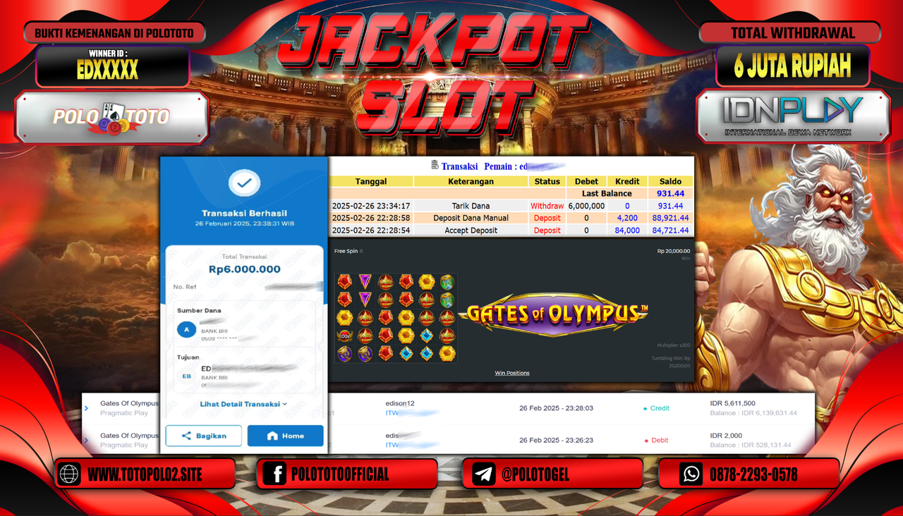 POLOTOTO JACKPOT SLOT GATES OF OLYMPUS Rp.6.000.000,-