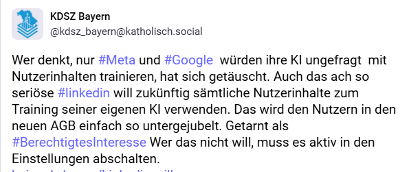 Mastodon Post zu LinkedIn AI Training