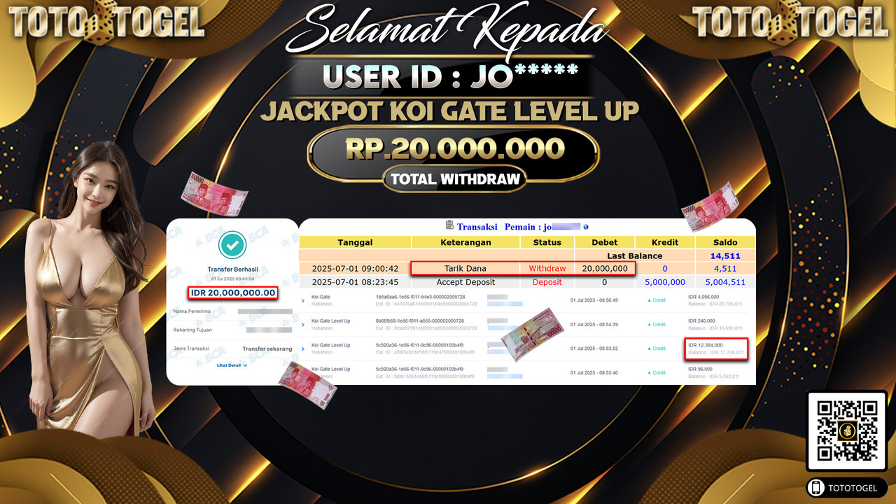Bukti Pembayaran Jackpot Permainan Slot Koi Gate Level Up ID:JO***** LUNAS