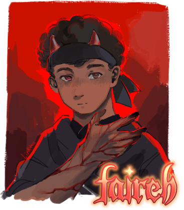 "faireh" is written on top of a drawing of c!eryn from the dsmp by linktoo doodles. it shows eryn looking slightly to the right emotionlessly, theie right arm in front of them. theiehis arm is covered in blood like veins (i think) and the tips of their fingers are charred. they are wearing black and dark grey, and their red demon horns are sticking out of the dark grey bandana tied around their forehead. behind eryn is a red background that is neon red at the top and becomes blood red at the bottom. the entire drawing is painterly and rough. the text "faireh" is written in the gothicwar font, and goes from a light yellow at the top to a light red at the bottom with a bit of a shine. it has a dark gradiented red border around it, and behind it is a yellow glow.
