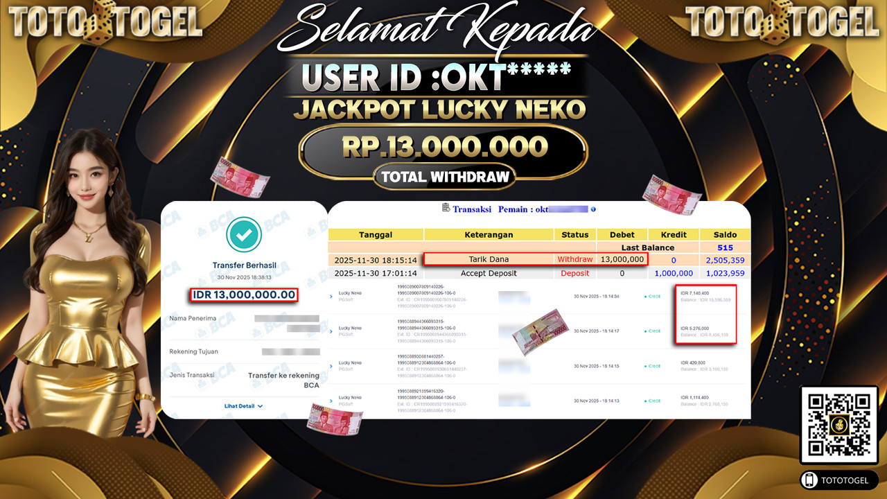 Bukti Pembayaran Jackpot Permainan Slot Lucky Neko ID:OKT***** LUNAS