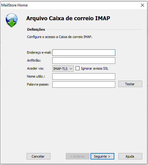 Tela de configuração de conta para back-up no MailStore