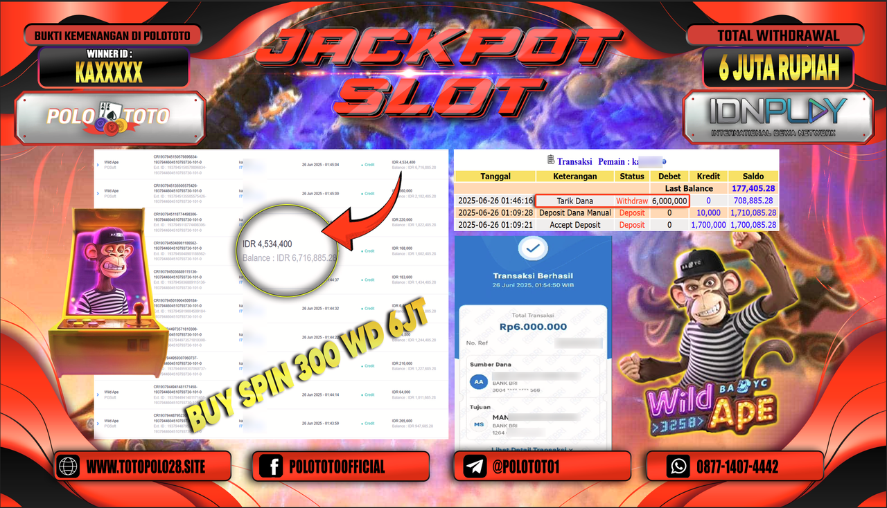 POLOTOTO JACKPOT SLOT WILD APE Rp.6.000.000,-