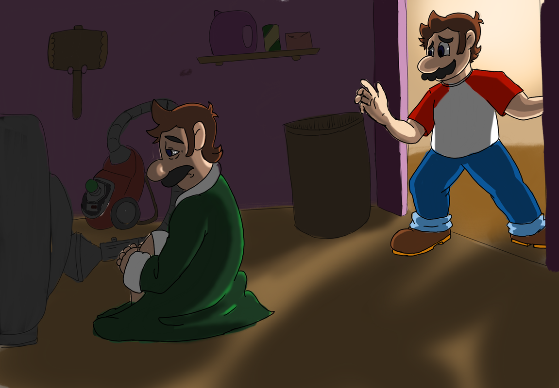 Depressed Luigi sitting in front of the dryer. 