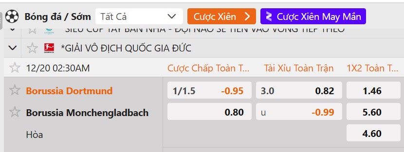 Tỷ lệ kèo Dortmund vs Monchengladbach