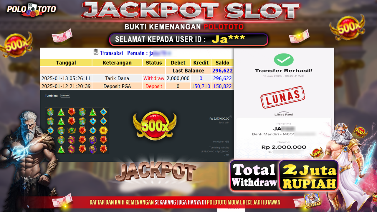 POLOTOTO JACKPOT SLOT GATES OF OLYMPUS Rp.2,000.000,-