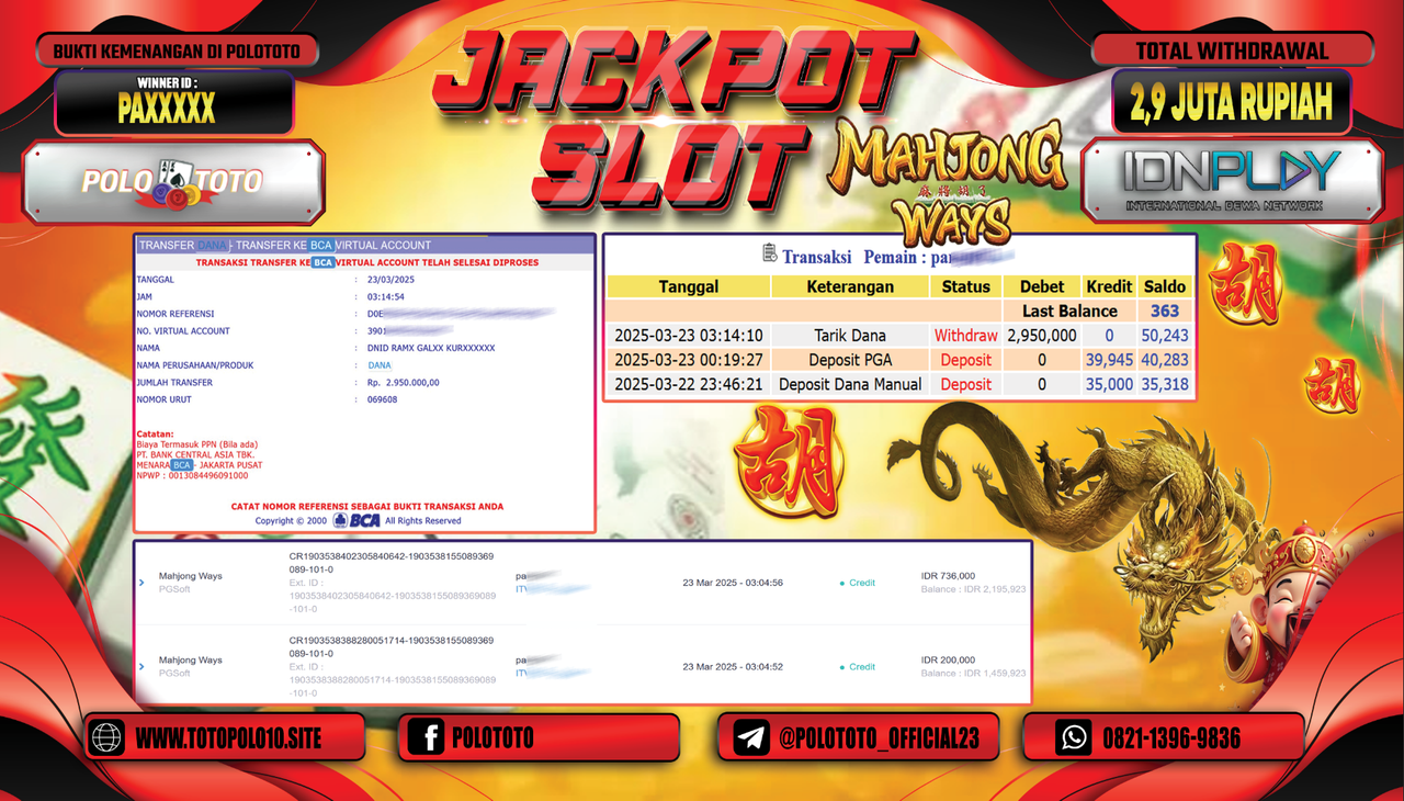 POLOTOTO JACKPOT SLOT MAHJONG WAYS Rp.2.950.000,-