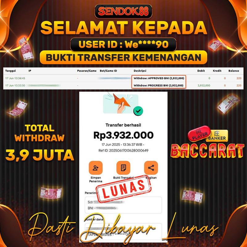 SENDOK88 JEPE! LIVE CASINO BACCARAT Rp 3.932.000,- LUNAS!