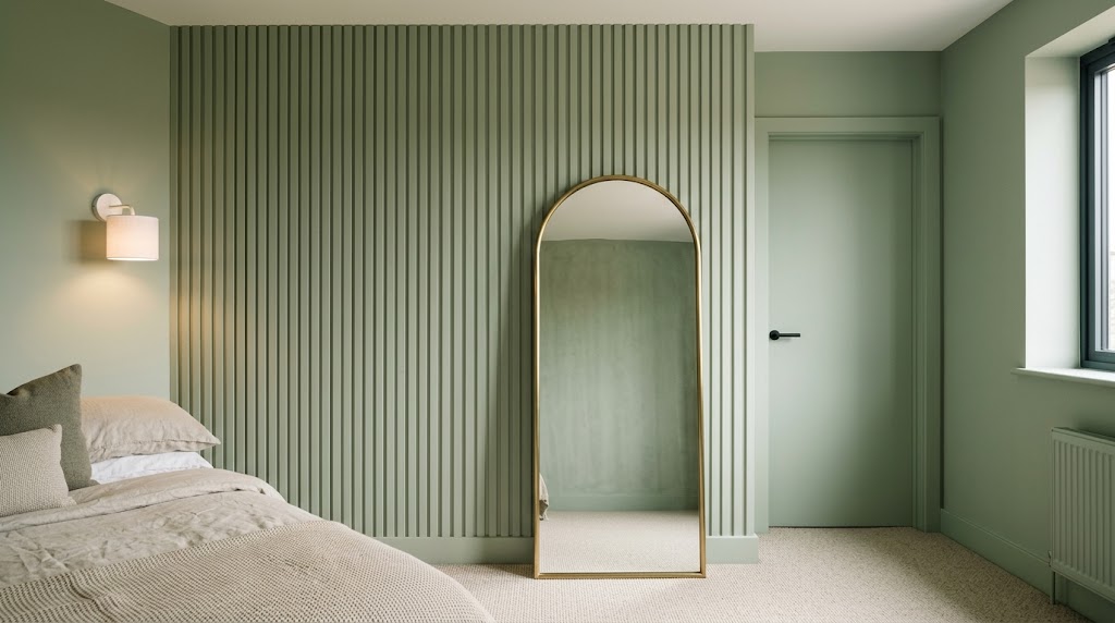 A modern UK bedroom with floor-to-ceiling reeded wood panelling colour-drenched in sage green, decorated by Home Style Carpets & Flooring