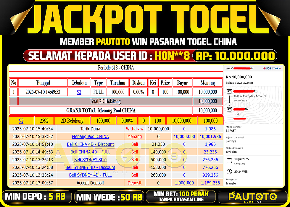 BUKTI PEMBAYARAN TGL 10 JULY 2025 MENANG DI PASARAN CHINA  POOLS TOTAL WD 10 JUTA