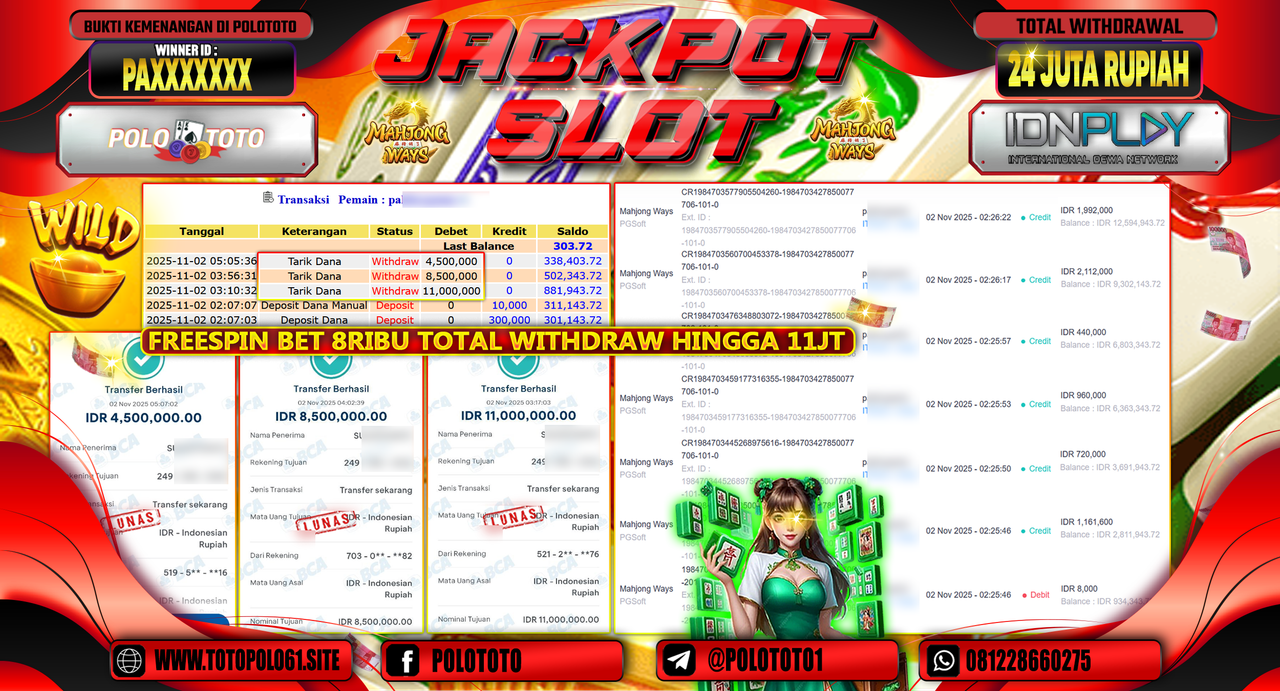 POLOTOTO JACKPOT SLOT MAHJONG WAYS Rp.24.000.000,- LUNAS