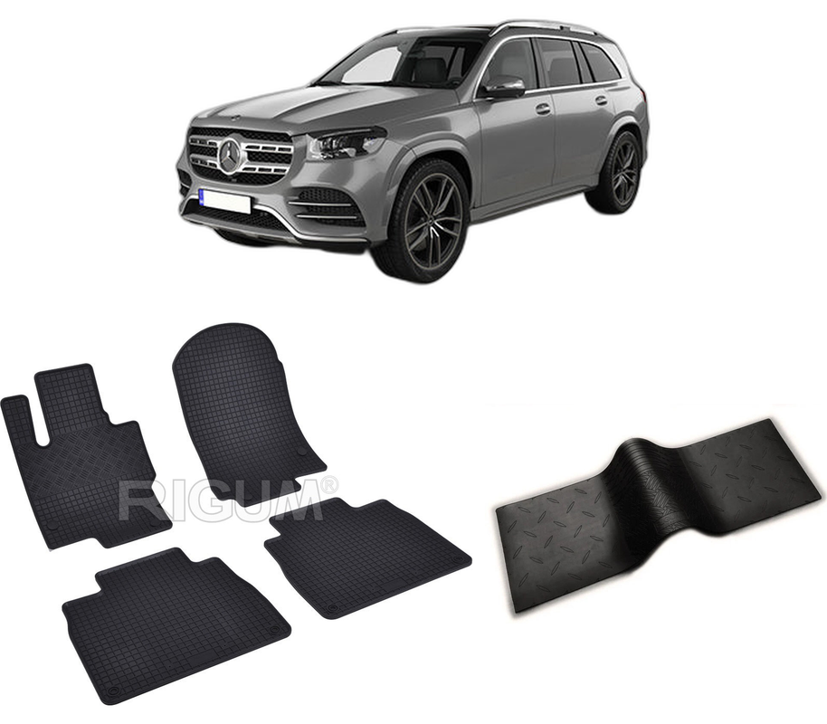 Set covorase auto MERCEDES GLS PHEV din 2019-PREZENT, cu covoras tunel median, CAROSERIE SUV, Presuri cauciuc 100%, compatibil cu autoturismul MERCEDES GLS PHEV, Rigum