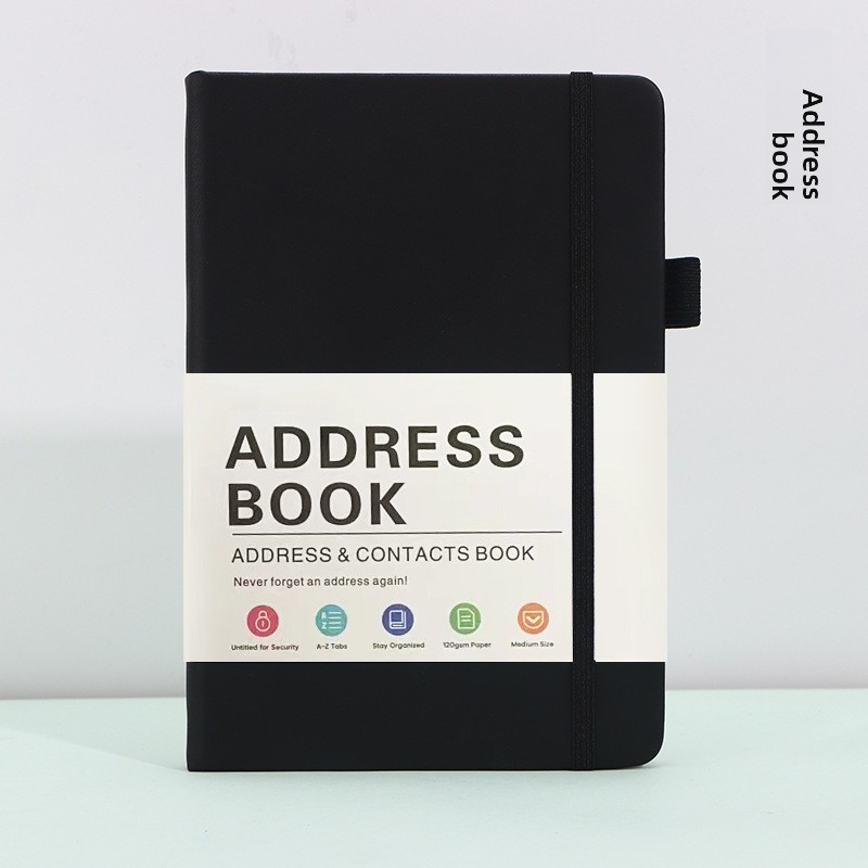 Black Address Book with Alphabetical Tabs B6 Hardcover Telephone & Contact Organizer with Pen Holder & Elastic Band for Home Office