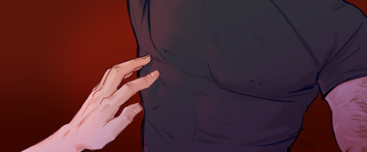 Close-up of Drivers hand touching Colts scars through his shirt