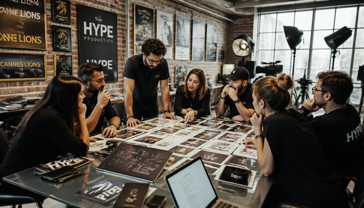 gpt image 2 Wide shot of a creative brainstorming session in a high end production company o 0