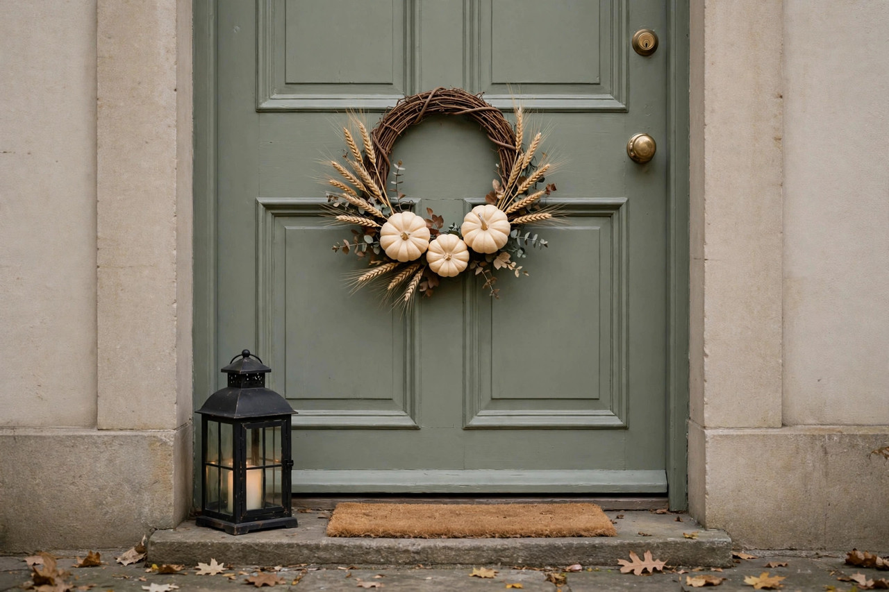 Simple grapevine fall wreath with dried wheat hanging on a sage green front door