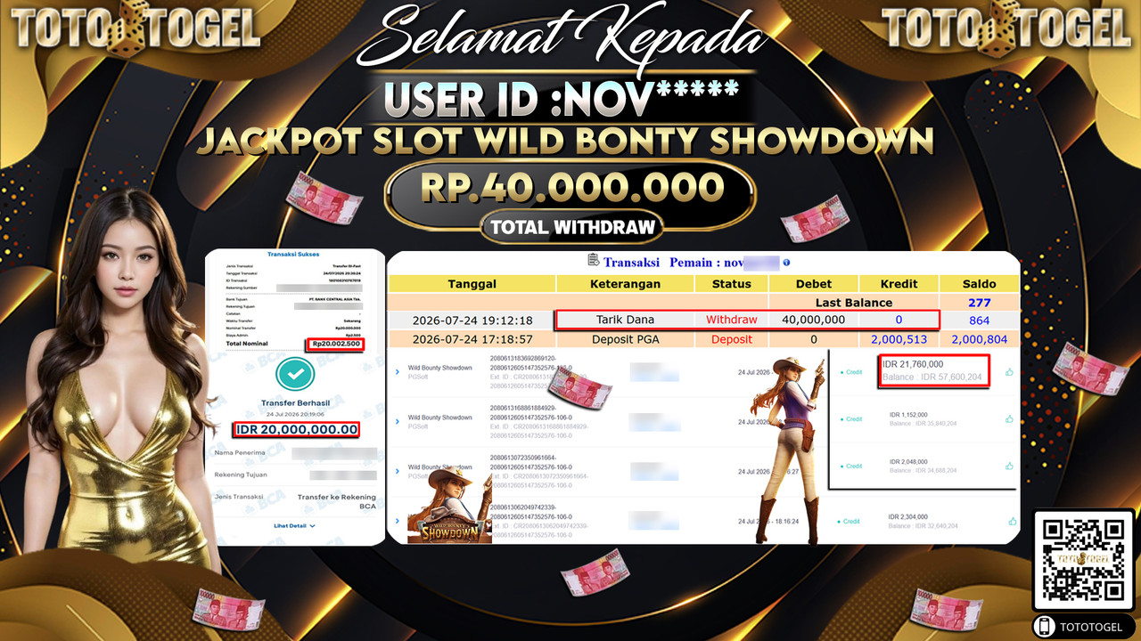 Bukti Pembayaran Jackpot SLOT WILD BONTY SHOWDOWN ID:NOV****LUNAS