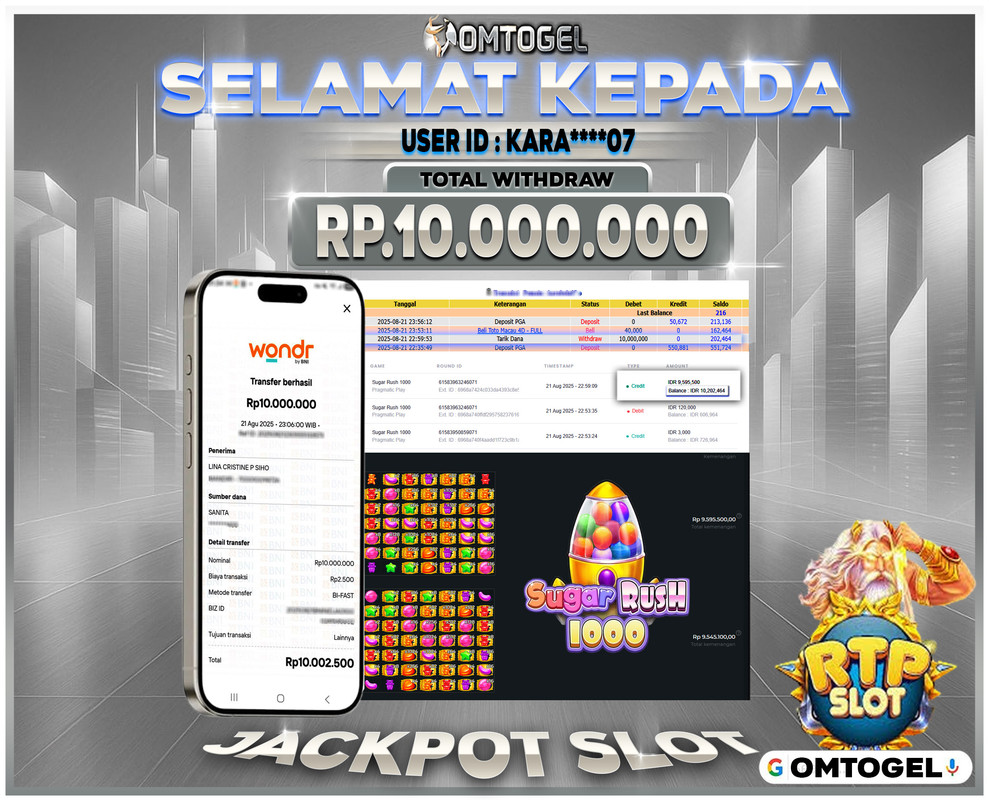 OMTOGEL JACKPOT PRAGMATIC PLAY SUGAR RUSH 1000 10 JUTA DI BAYAR LUNAS ,-