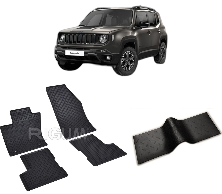 Set covorase auto JEEP RENEGADE 4XE PHEV din 06.2020-PREZENT, cu covoras tunel median, CAROSERIE SUV, Presuri cauciuc 100%, compatibil cu autoturismul JEEP RENEGADE 4XE PHEV, Rigum