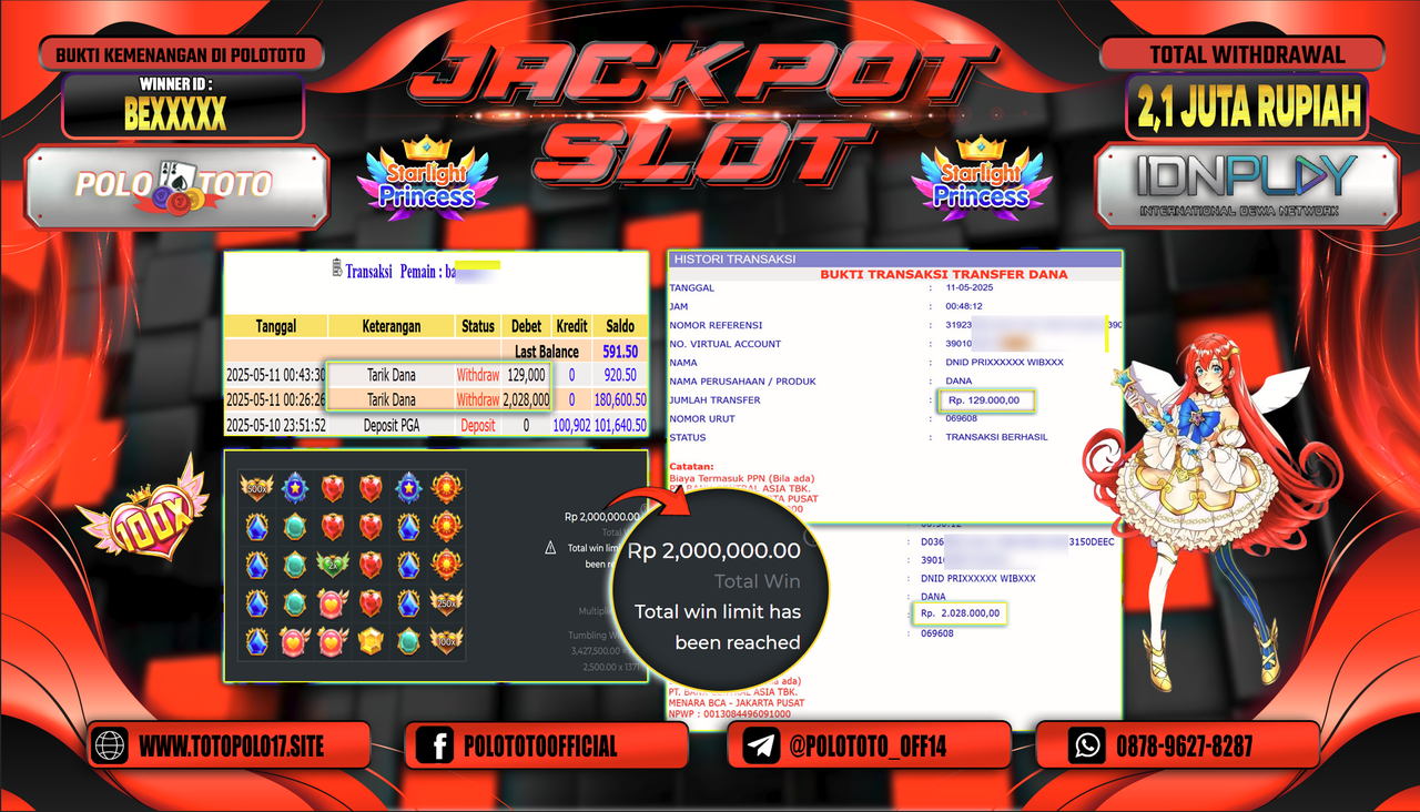 POLOTOTO JACKPOT SLOT STARLIGHT PRINCESS Rp.2.100.000,-