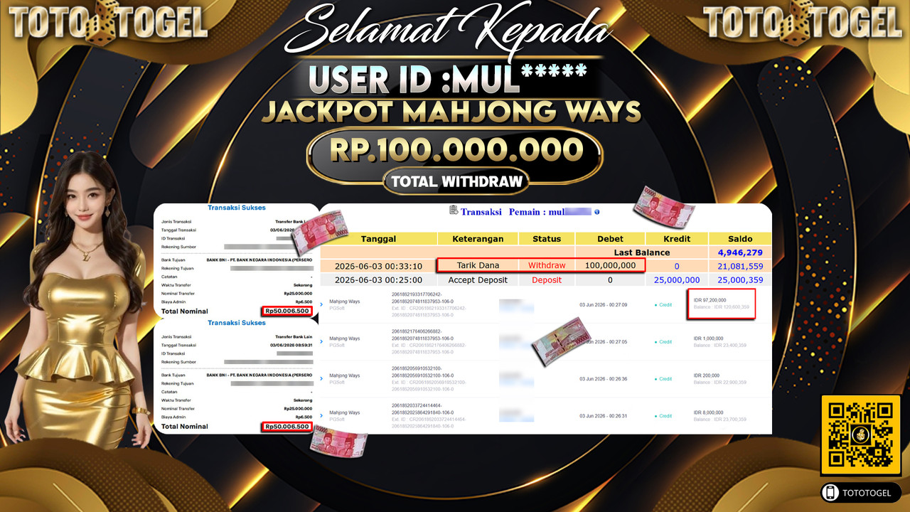 Bukti Pembayaran Jackpot Permainan Slot Mahjong Ways ID:MUL*****LUNAS