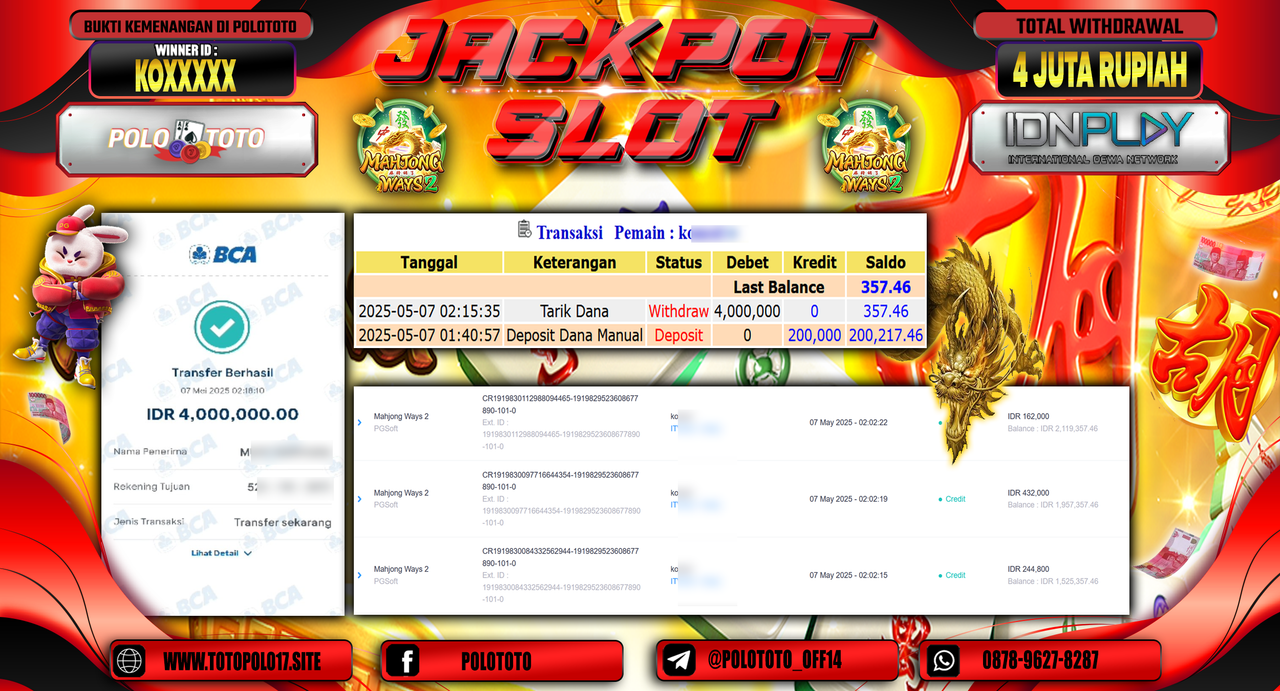 POLOTOTO JACKPOT SLOT MAHJONG WAYS 2 Rp.4.000.000,-