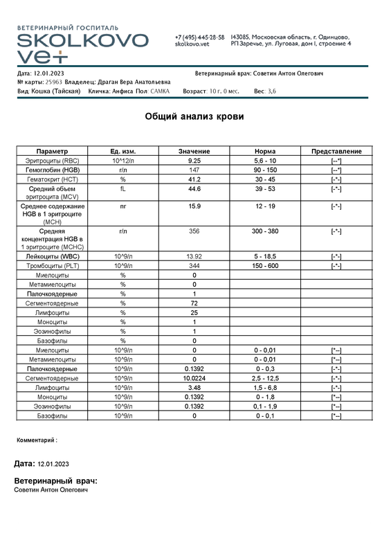 ______ SVH - Общий анализ крови - Кошка Анфиса - #25963FCAB5B4357484CFF814C7309C8E61330