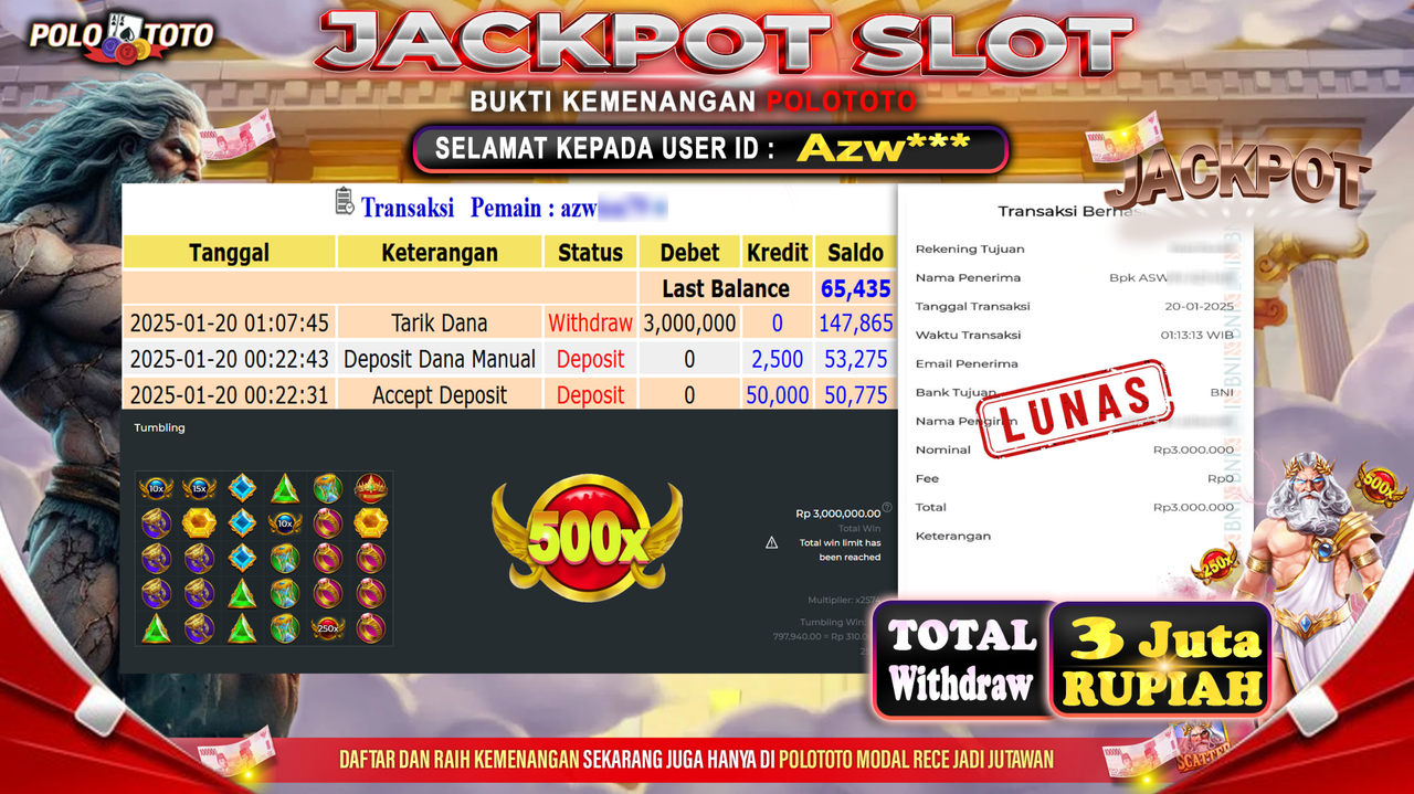 POLOTOTO JACKPOT SLOT GATES OF OLYMPUS 1000 Rp.3,000.000,-