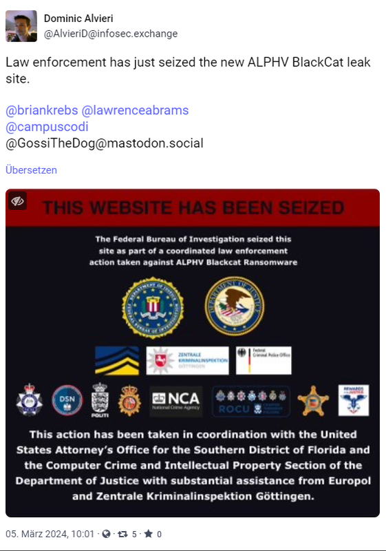 ALPHV / Blackcat Webseite beschlagnahmt