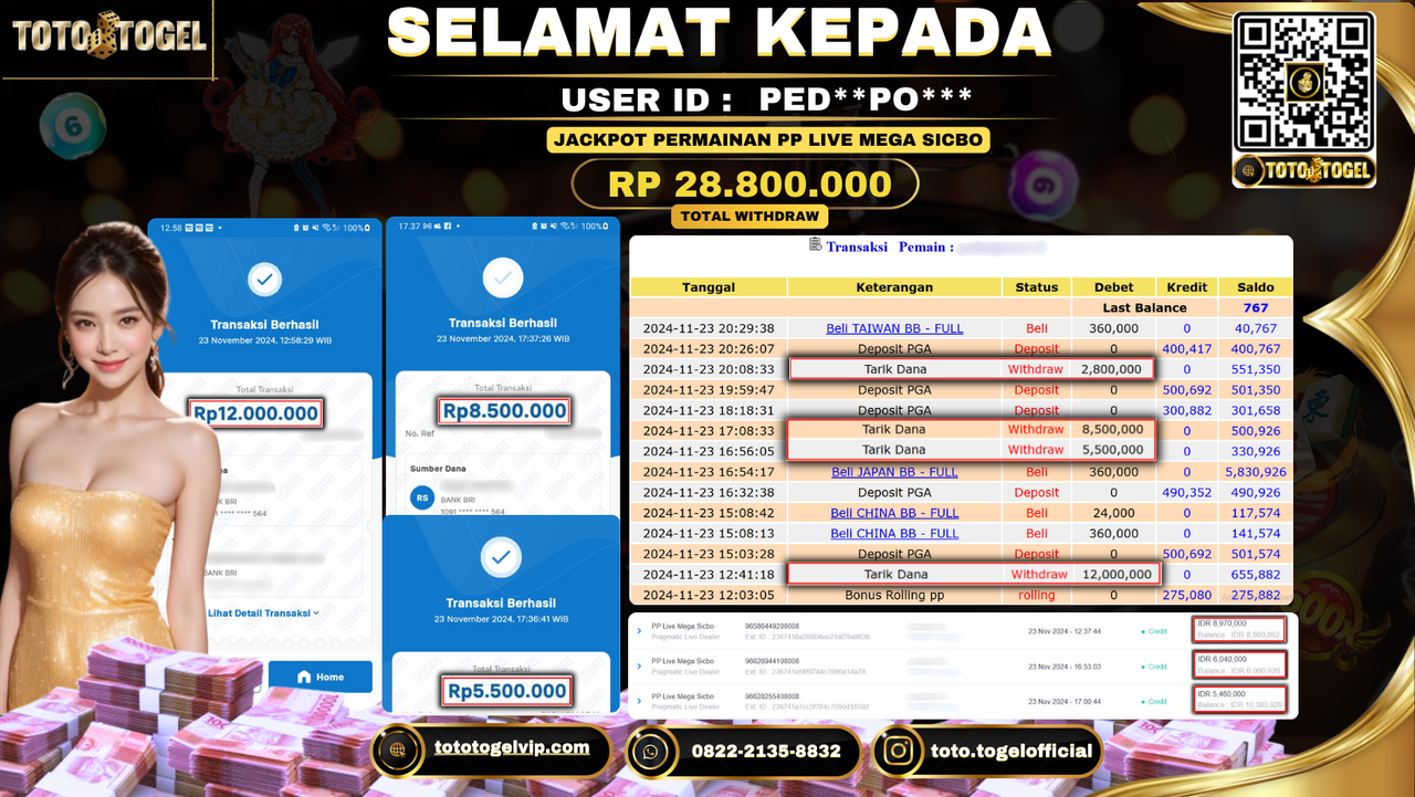 Bukti Pembayaran Jackpot Permainan PP Live Mega Sicbo  ID: PED**PO** LUNAS 