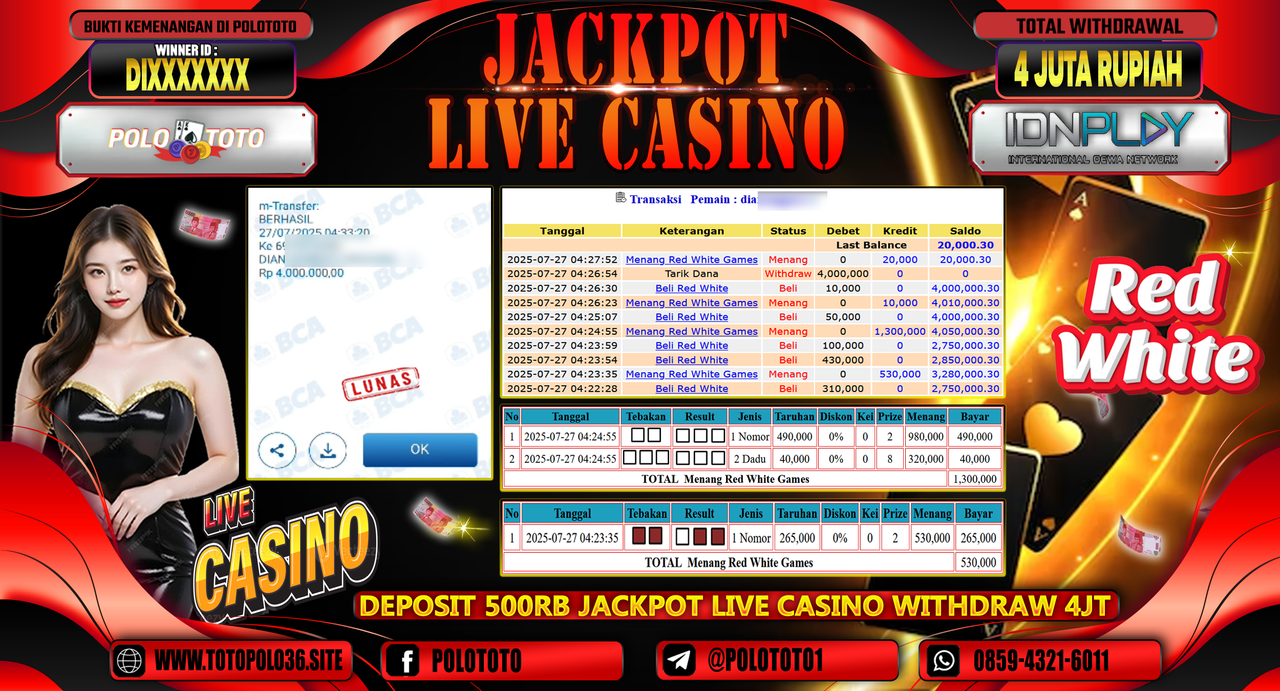 POLOTOTO JACKPOT LIVE CASINO RED WHITE GAMES Rp.4.000.000,- LUNAS