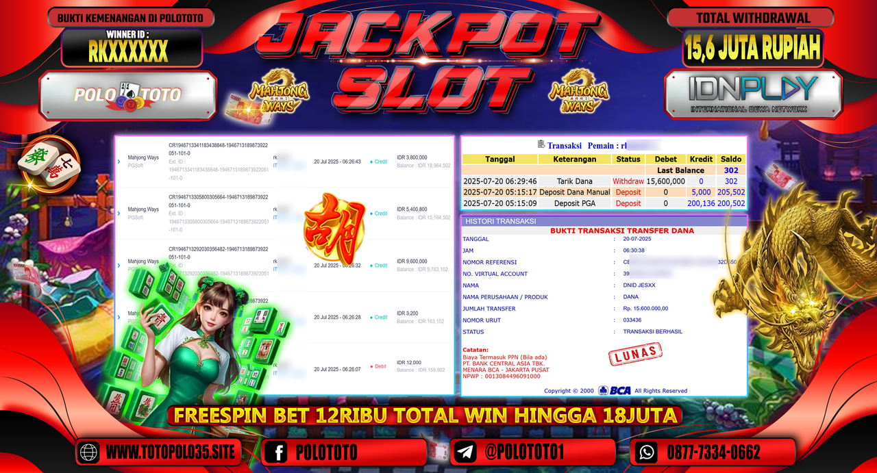 POLOTOTO JACKPOT SLOT MAHJONG WAYS Rp.15.600.000,- LUNAS