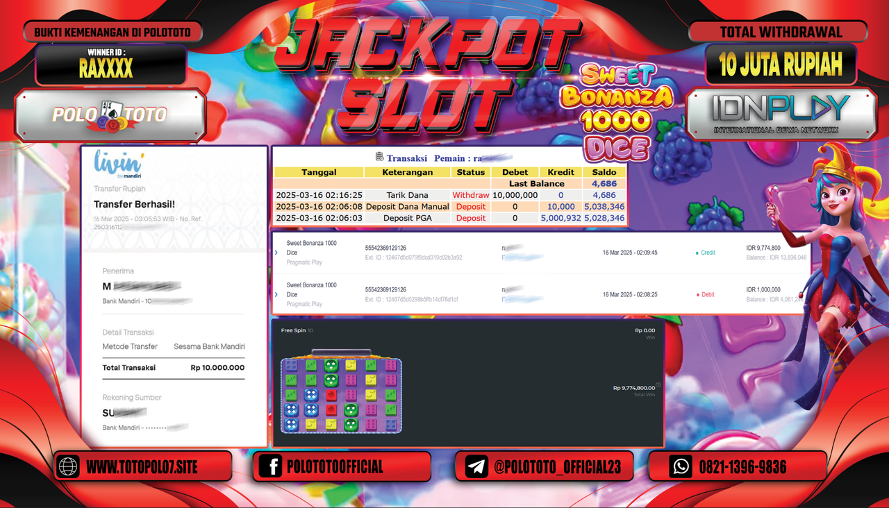 POLOTOTO JACKPOT SLOT SWEET BONANZA DICE 1000 Rp.10.000.000,-