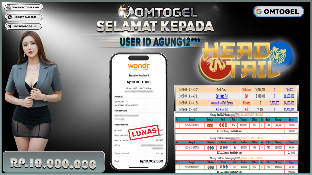 OMTOGEL JACKPOT LIVE GAMES HEAD TAIL 10 JUTA DI BAYAR LUNAS ,-