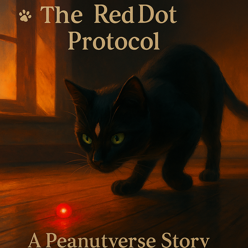 A sleek black cat with a white peanut-shaped mark on its face stares intensely at a glowing red dot on the hardwood floor. The room is bathed in warm sunset light, casting dramatic shadows. The cat’s muscles are tense, ready to pounce. The atmosphere captures the thrill of the hunt.