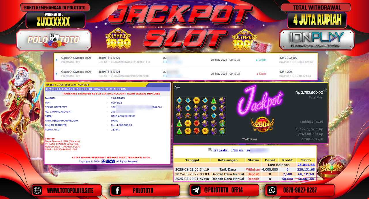POLOTOTO JACKPOT SLOT GATES OF OLYMPUS 1000 Rp.4.008.000,-