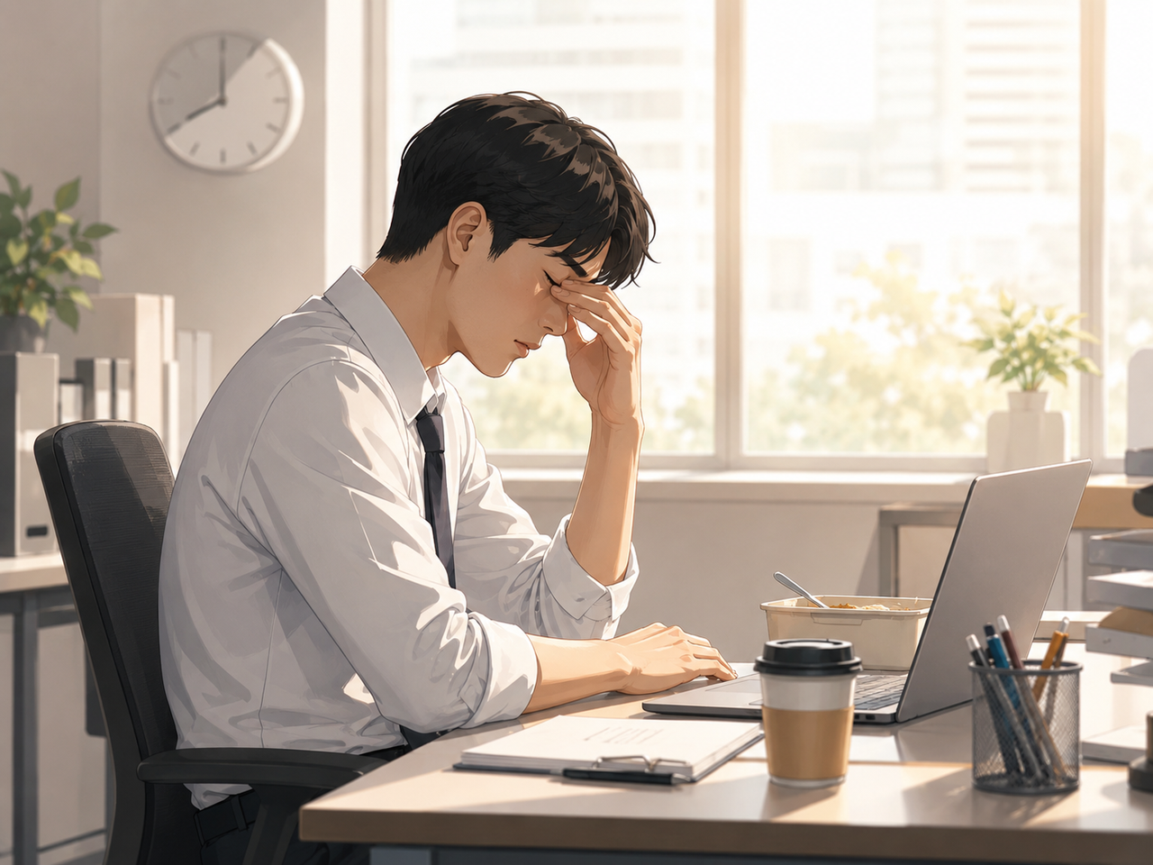 점심 식사 후 책상에서 졸음을 참는 직장인 모습
