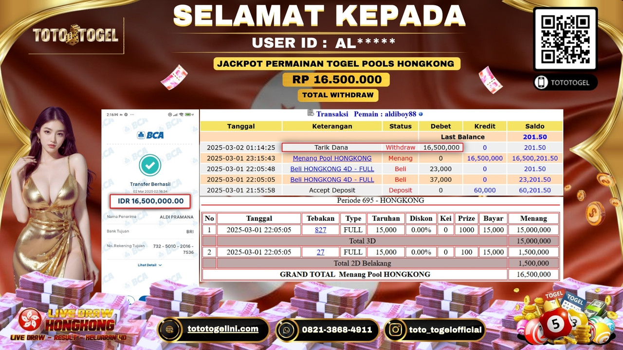 Bukti Pembayaran Jackpot  Permainan Togel Pools Hongkong  ID:AL***** LUNAS