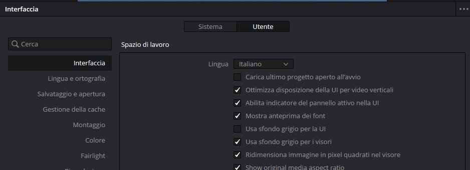 Preferenze DaVinci Resolve 3