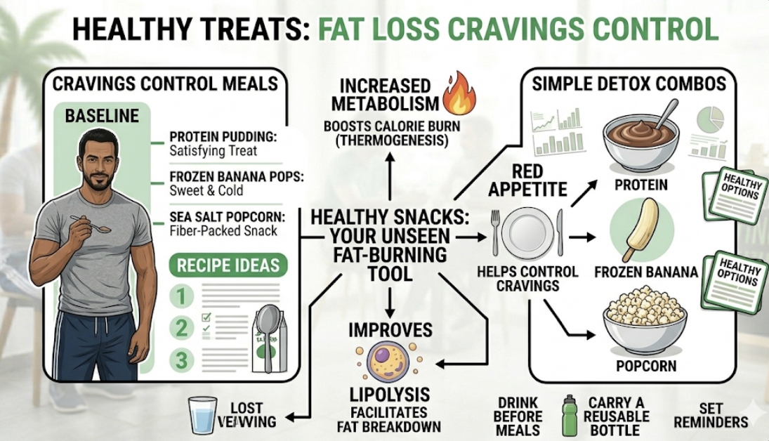 Healthy treats like protein pudding, frozen banana, popcorn, apple with peanut butter, representing fat loss cravings control