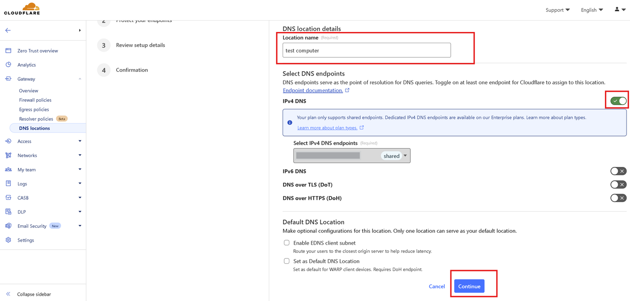 Cloudflare Gateway 'Add a location' screen for setting up a new DNS location.