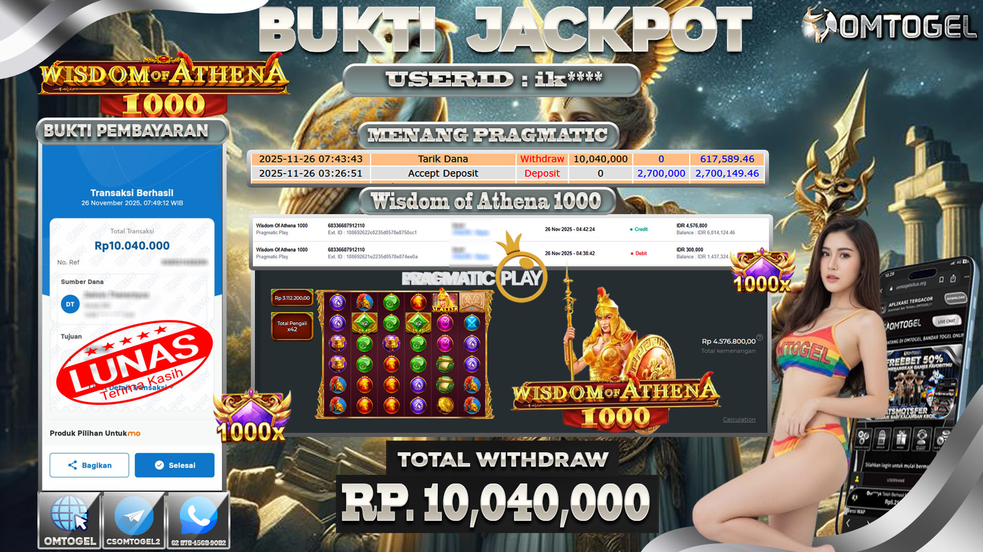 OMTOGEL JACKPOT PRAGMATIC PLAY WISDOM OF ATHENA 1000  ,10 JUTA DI BAYAR LUNAS ,-