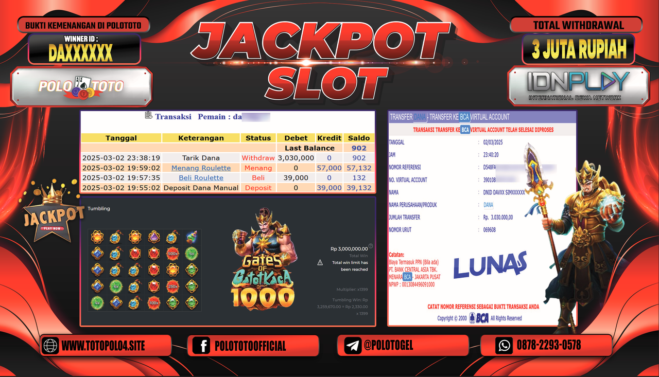POLOTOTO JACKPOT SLOT GATES OF GATOTKACA 1000 Rp.3.030.000,-