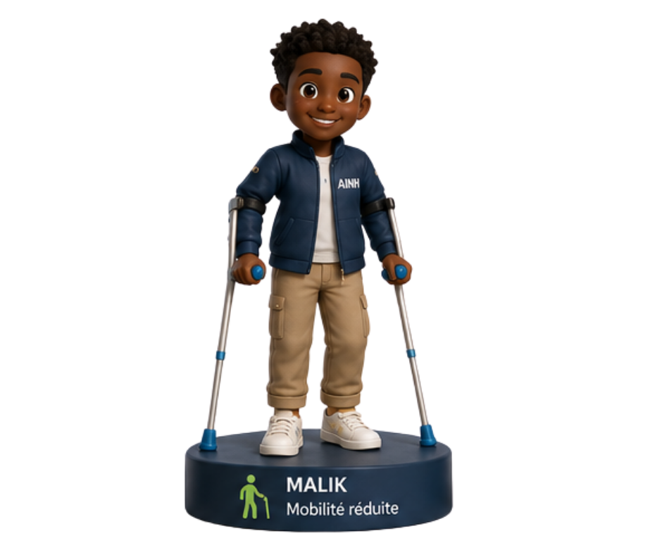 Malik avec deux béquilles