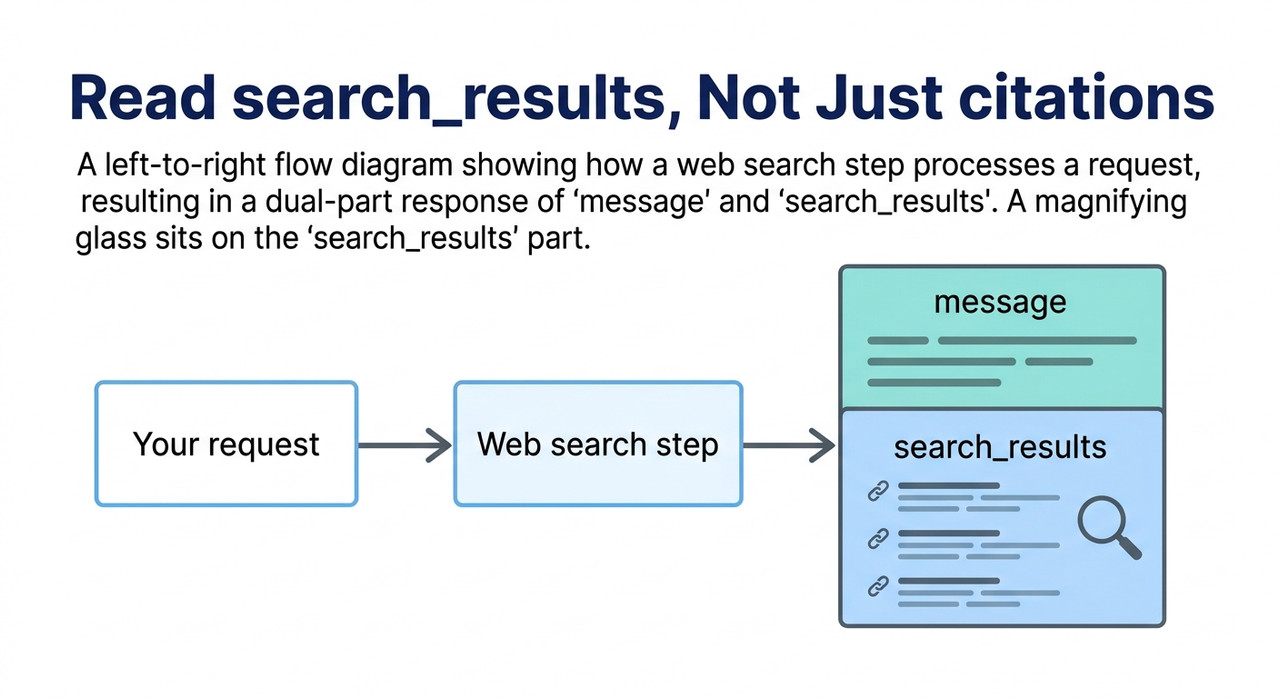 Perplexity API flow from request to web search step to a response with separate message and search_results parts