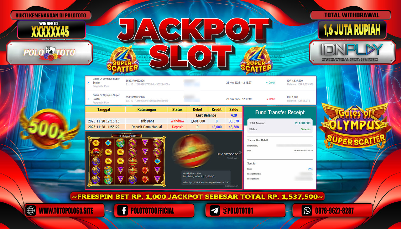 POLOTOTO JACKPOT SLOT GATES OF OLYMPUS SUPER SCATTER Rp.1.600.000,- LUNAS