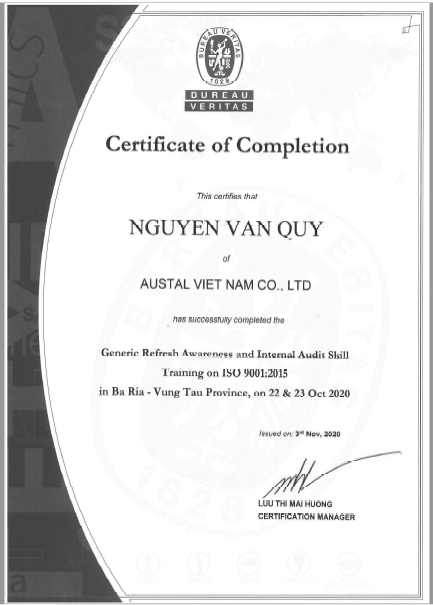 ISO 9001-2015 Certificate of Completion - Nguyen Van Quy