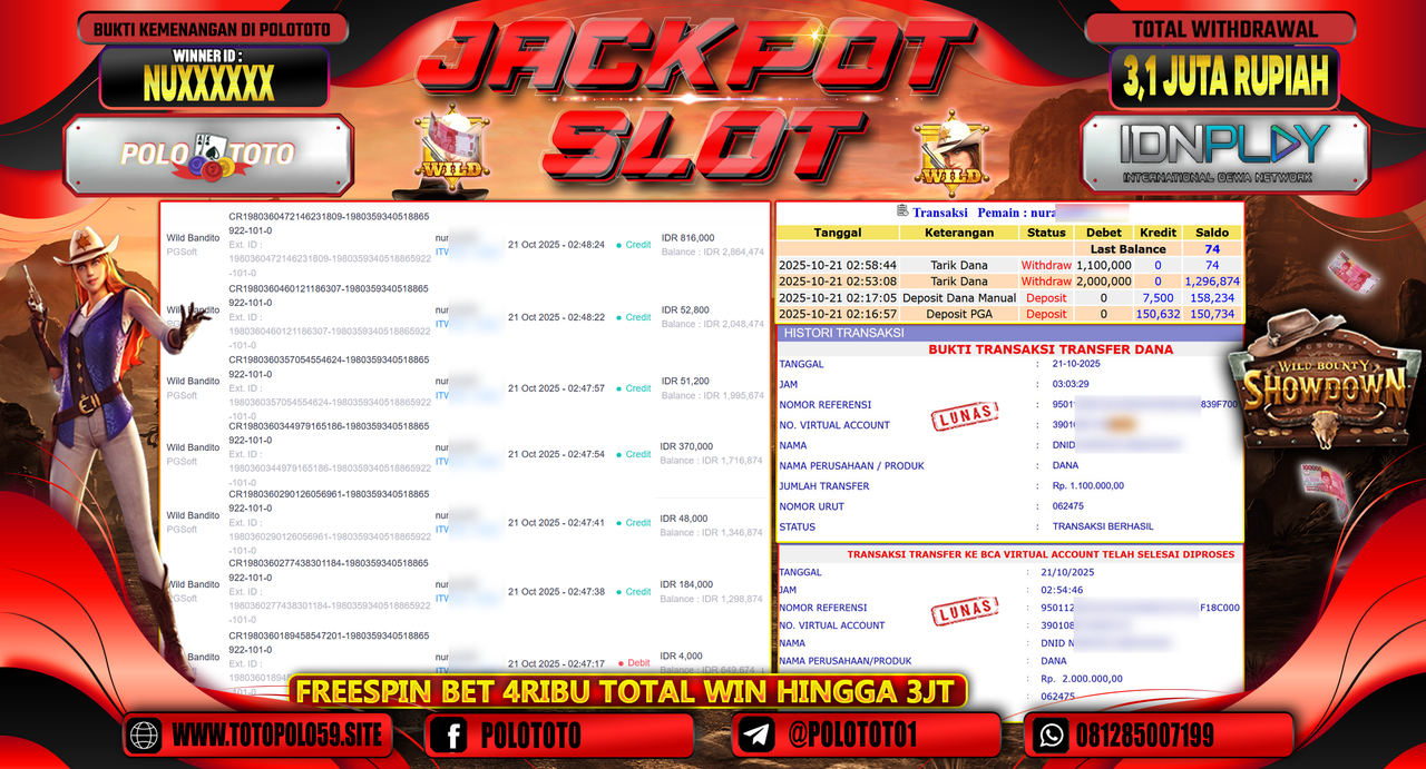 POLOTOTO JACKPOT SLOT WILD BANDITO Rp.3.100.000,-