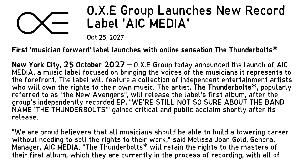 A press release from O.X.E Group announcing the formation of AIC Media, a music label that will be representing the band, the Thunderbolts*